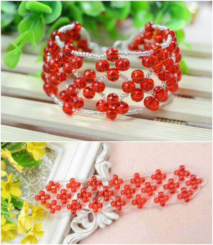 Embellished Red Bead Weaving Bracelet