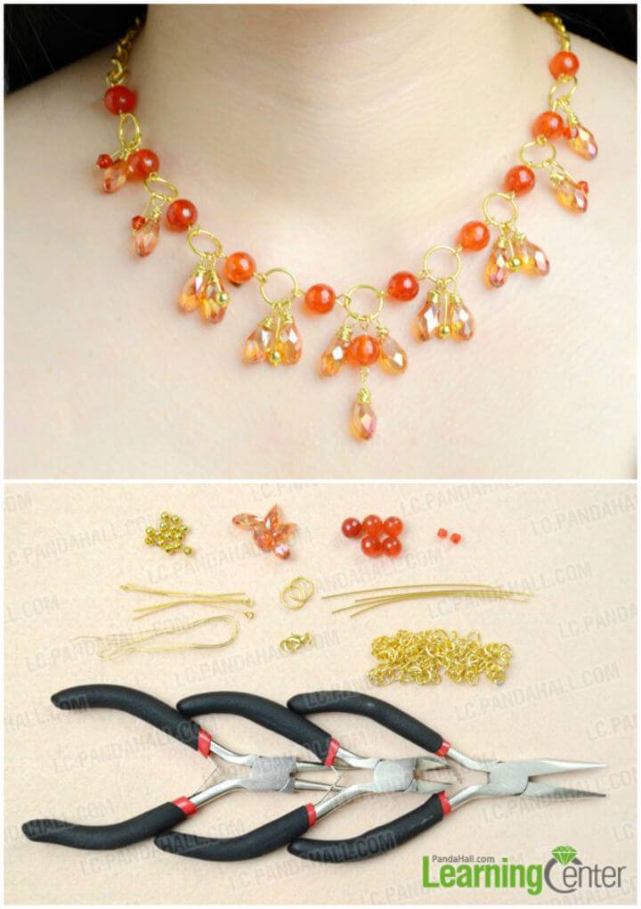 Orange Bead Cluster Necklace with Golden Chain