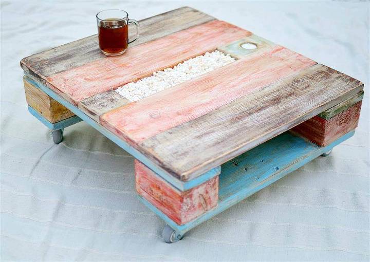 Colorful Pallet Coffee Table with Wheels