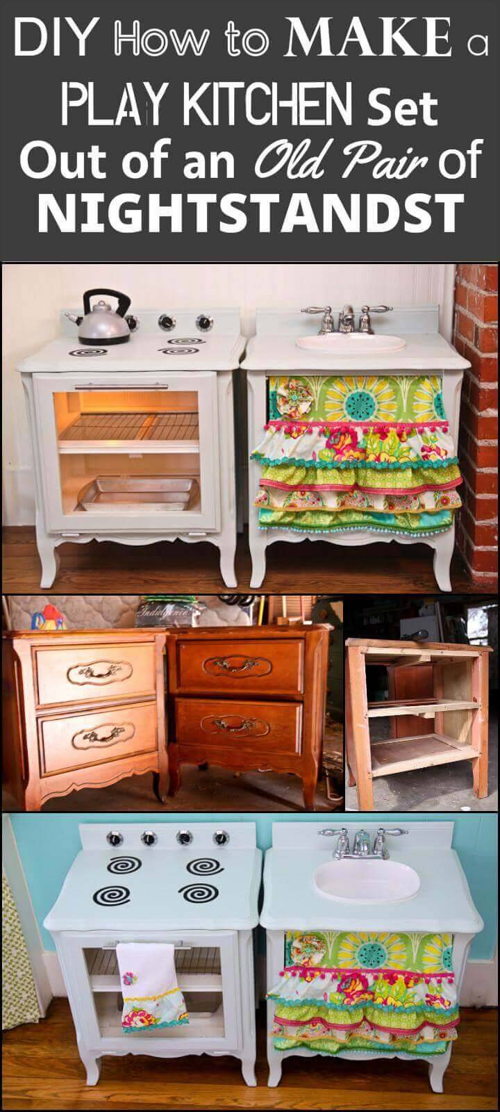 DIY repurposed old nightstand into play kitchen