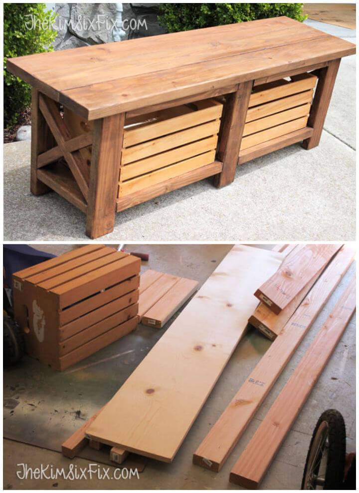 Make X-Leg Wooden Bench With Crate Storage