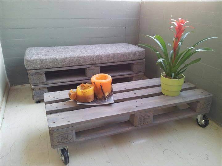 Pallet Cushioned Bench and Coffee Table