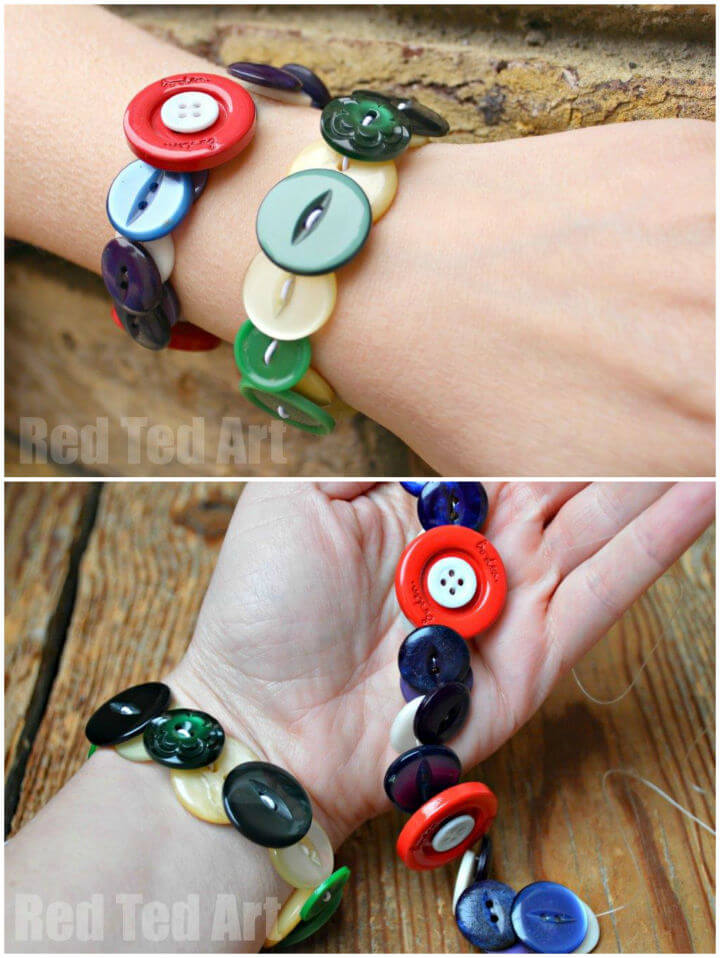 Button bracelet. Set of bright colored buttons, pliers. DIY bangle jewelry  idea. Easy make creative crafts. Bracelet made out easily available  materials. Wooden background with space for text Stock Photo by ©OnlyZoia