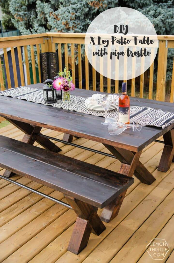 DIY X Leg Patio Table With Pipe Trestle