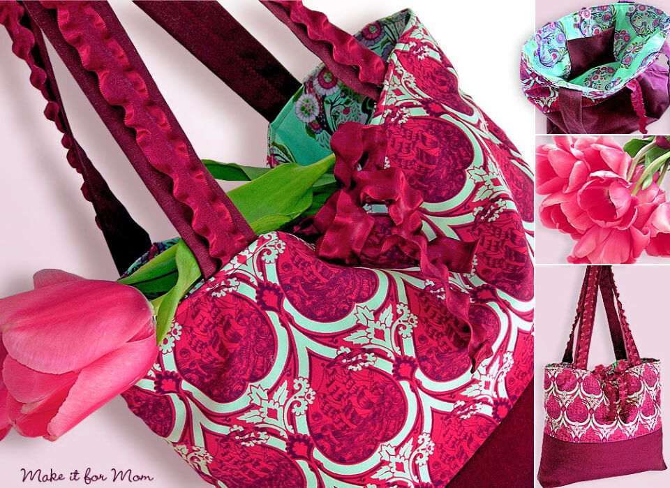 Market Tote With Ruffly Ribbon Handles Ties