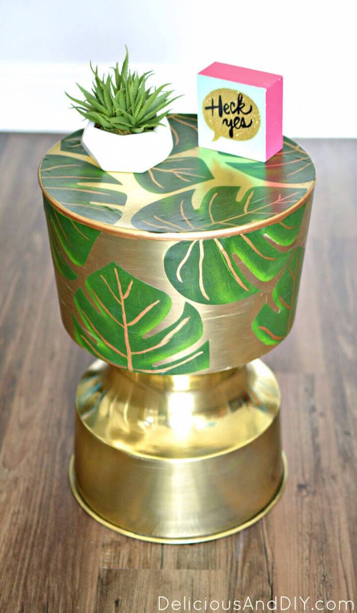 Pretty DIY Decoupaged Palm Leaf Gold Table