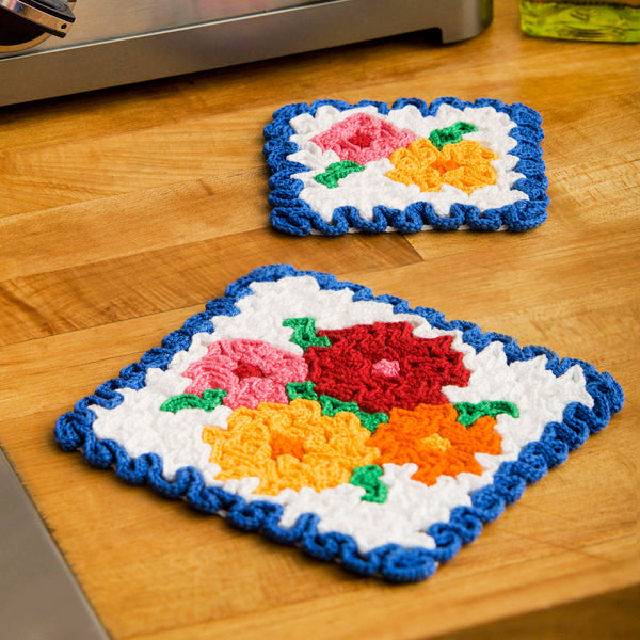 Crochet May Flowers Hot Pad & Coaster Set Pattern
