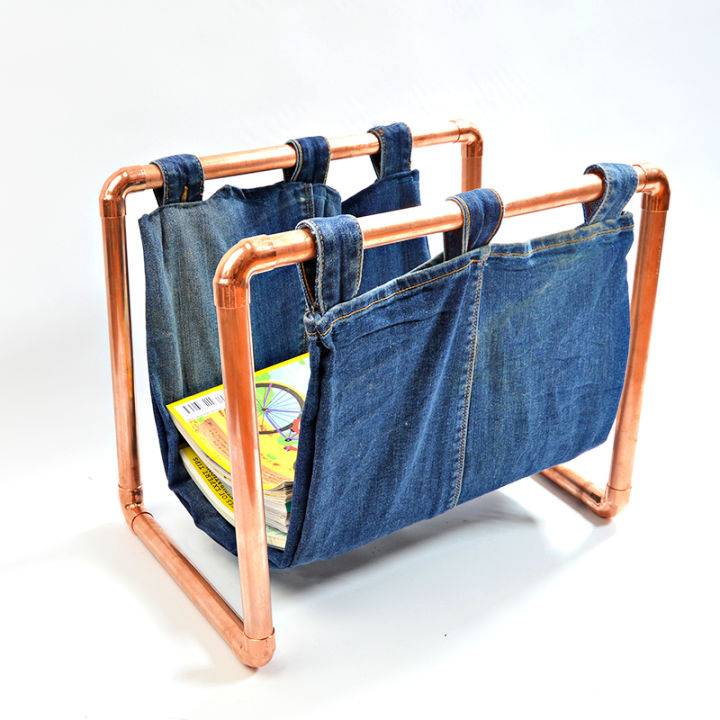 DIY Magazine Rack Using Jeans and Copper Piping