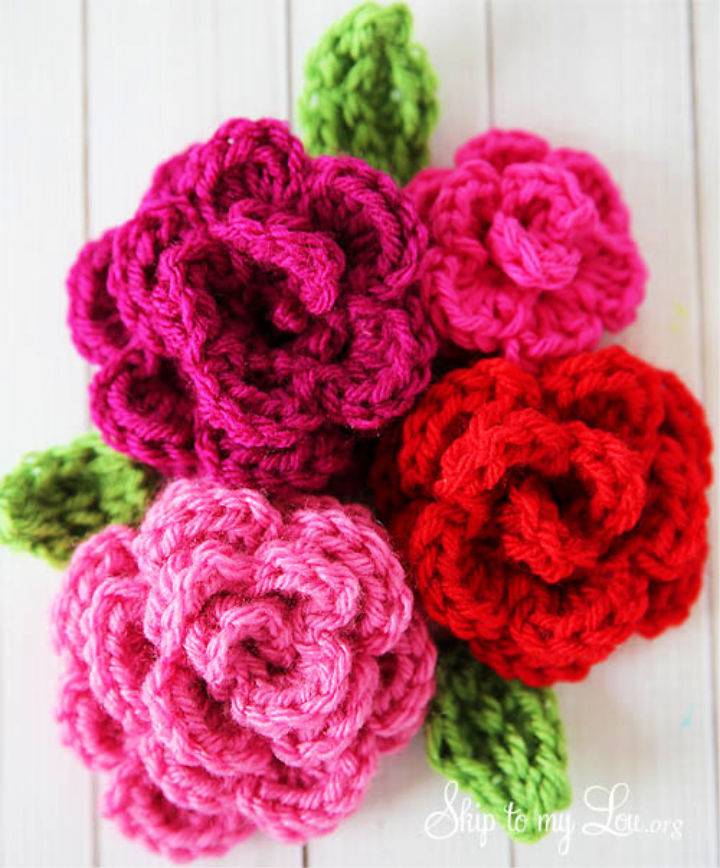 Handmade Crochet Scarf with Flower Rose Color with Fade Yarn Deep Rose to Light Rose Crochet Scarf