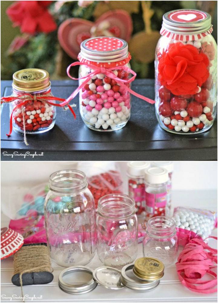 Valentines Day Themed Candy Filled Mason Jars DIY