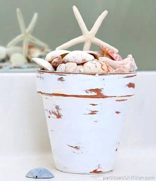 Distressed White Terra Cotta Clay Pot Display for Seashells