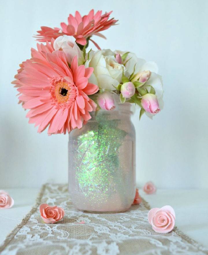 Mason Glitter Jar Filled With Flowers