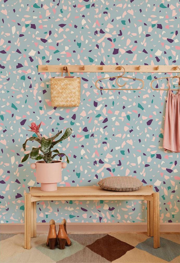 fragments blue terrazzo wallpaper mural living room