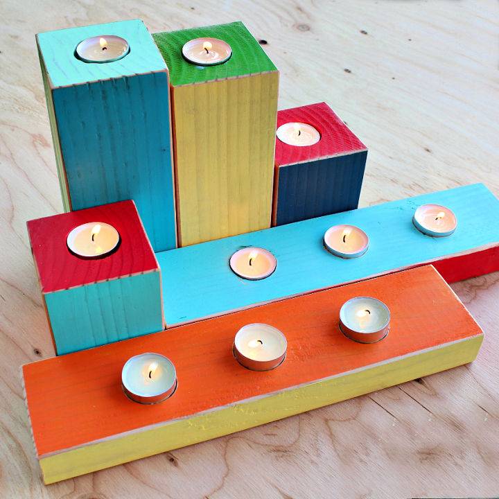 Colorful DIY Wood Block Candle Holders