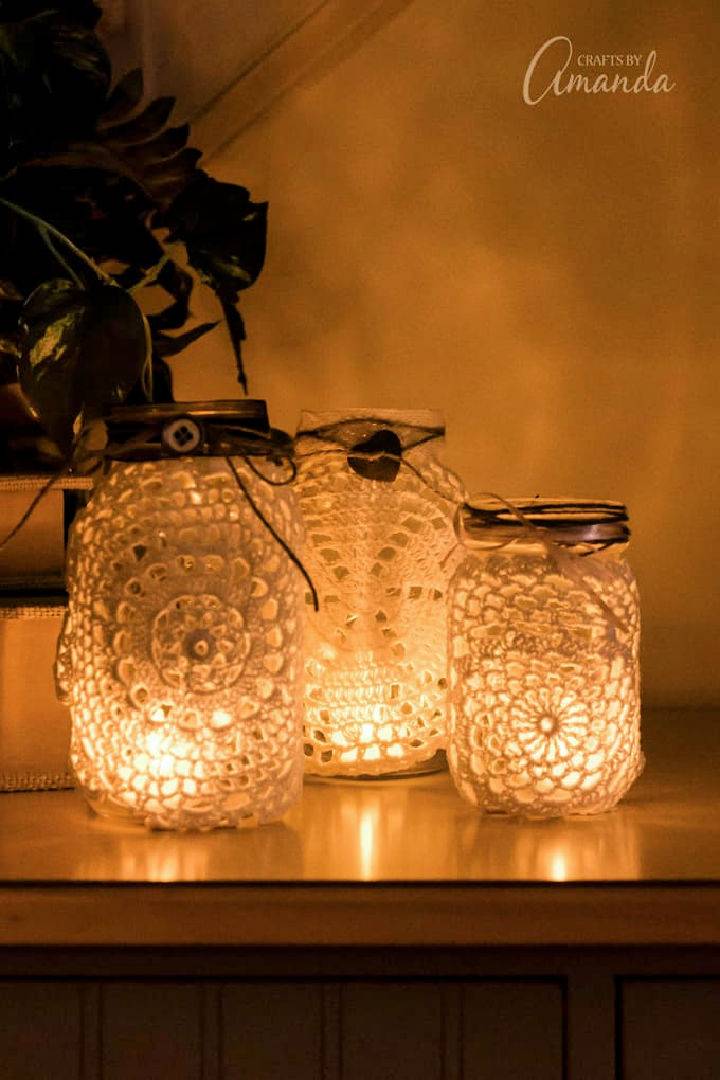 Homemade Mason Jar Doily Luminaries