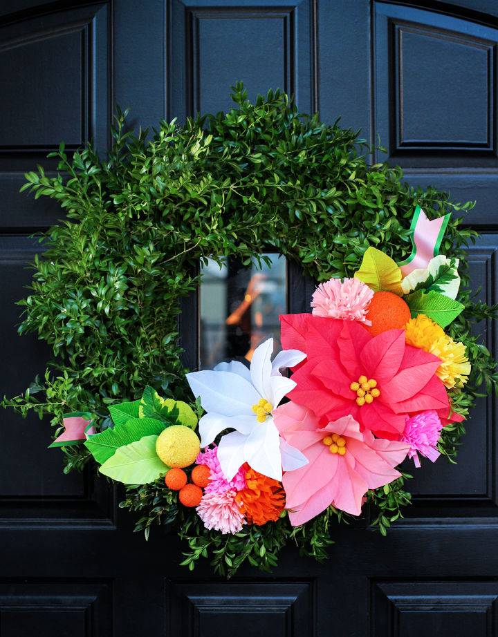 Boxwood Wreath with Paper Flowers