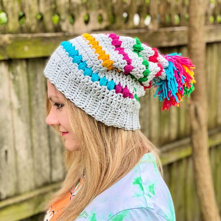 Grey and Rainbow Crochet Slouchy Hat