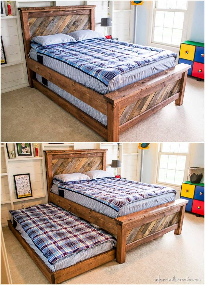 Farmhouse Pallet Bed With Rolling Trundle