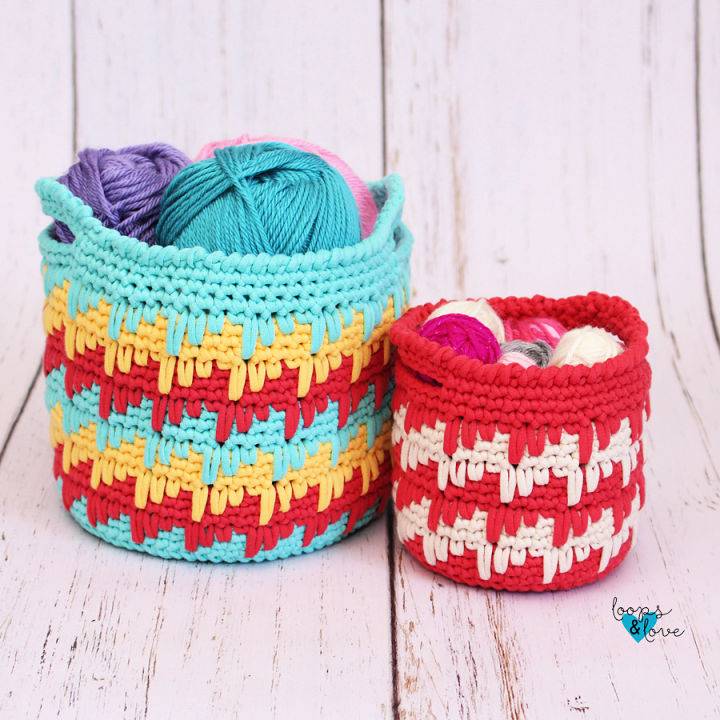 Crochet Spike Stitch Baskets With Handles