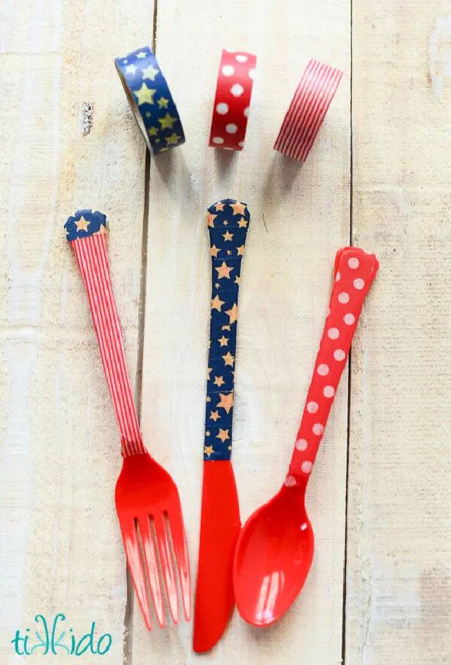 Fourth of July Decorated Plastic Cutlery With Washi Tape