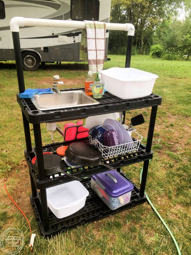 Homemade Outdoor Camping Sink Using Plastic Shelf