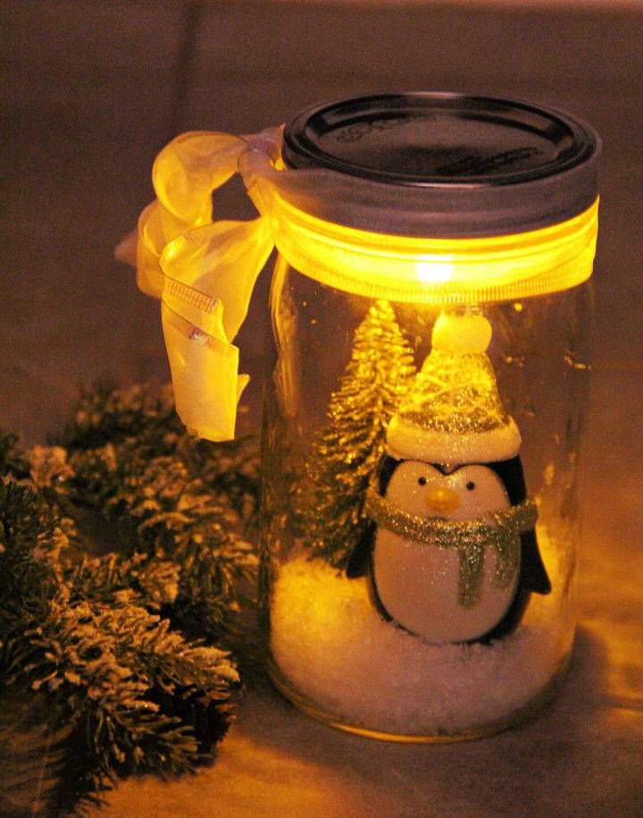 Illuminated Snow Globe Scene in a Jar