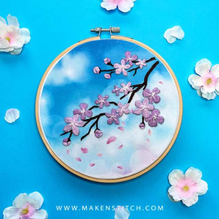Cherry Blossom on Printed Fabric Embroidery