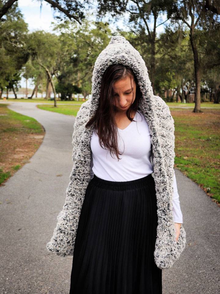 Crochet Faux Fur Hooded Scarf With Pockets