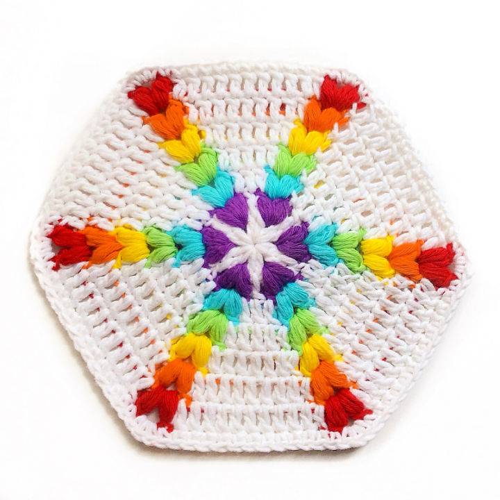 Crochet Rainbow Puff Hexagon Step by Step Instructions