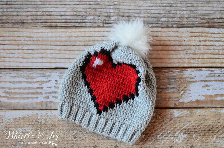 Fastest Crochet 8 Bit Heart Slouchy Beanie Pattern