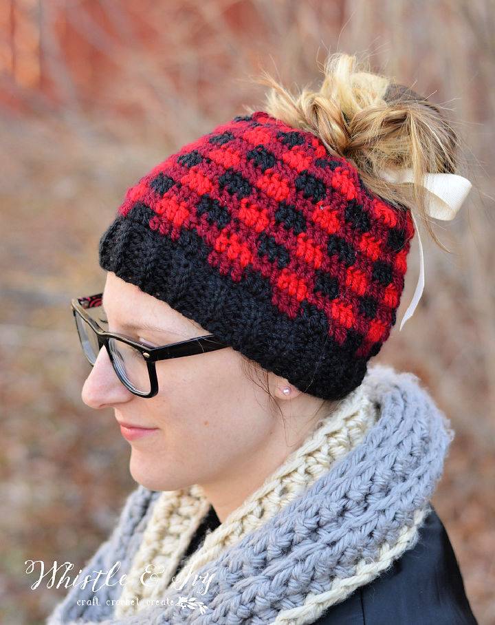 Free Crochet Pattern for Messy Bun Plaid Hat