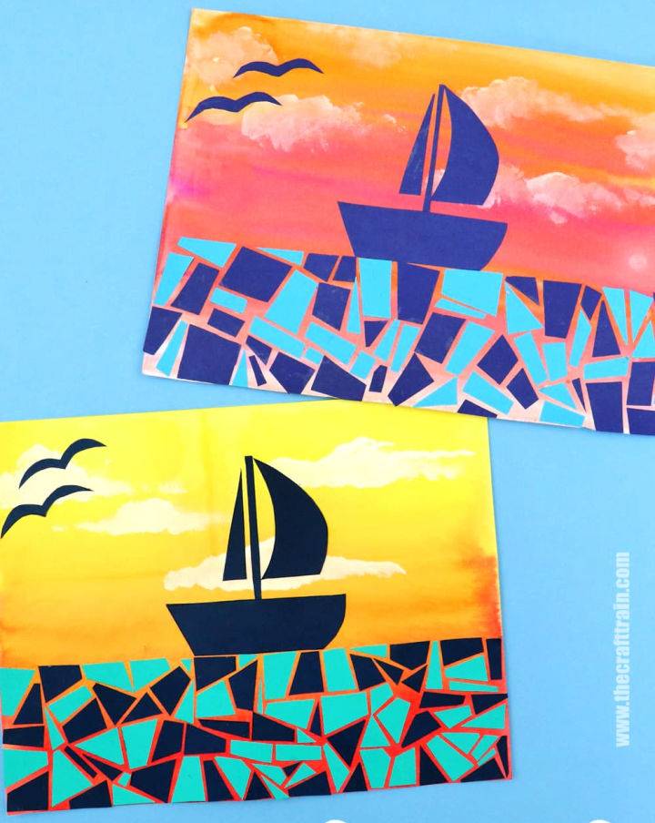 Paper Mosaic Sunset Boat Scene