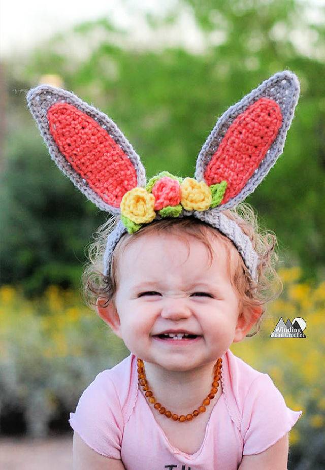 Pretty Crochet Bunny Ears Headband With Flowers Pattern