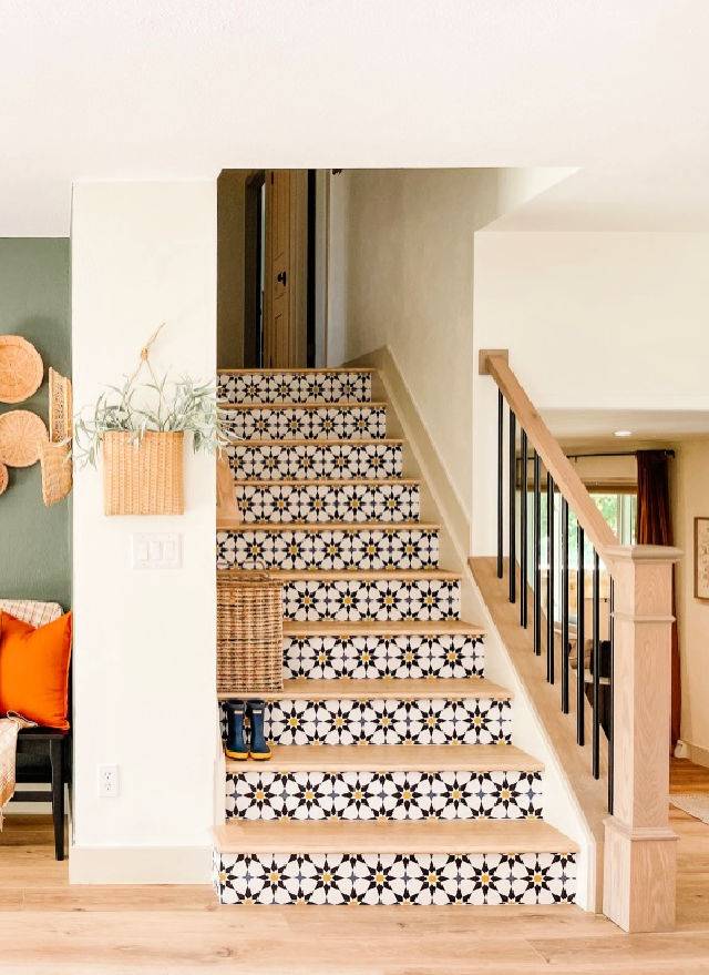 Colorful Stair Risers With Peel and Stick Wallpaper