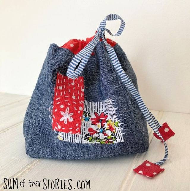 Make a Square Drawstring Bag With Boro Style Decoration
