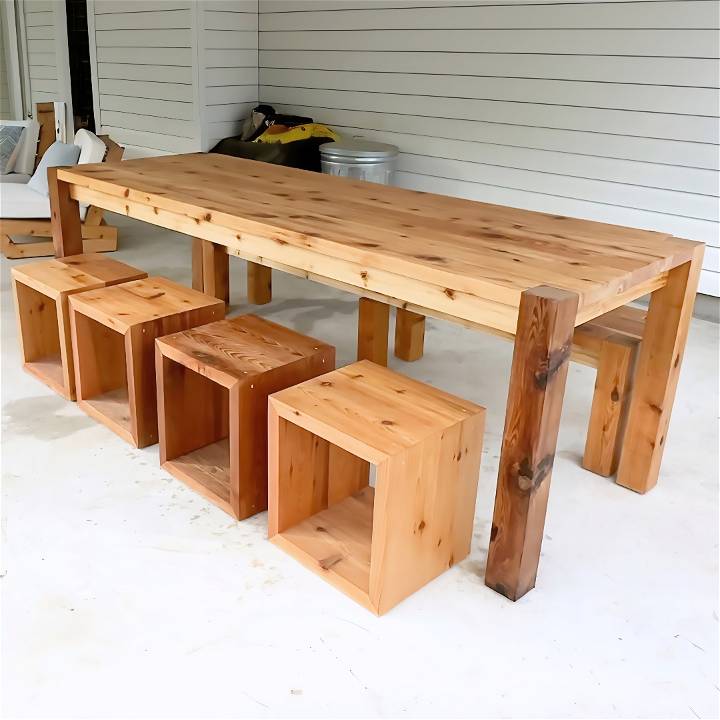 building outdoor dining table with benches and stools