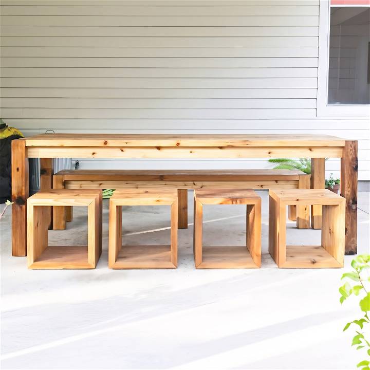 diy outdoor dining table with benches and stools