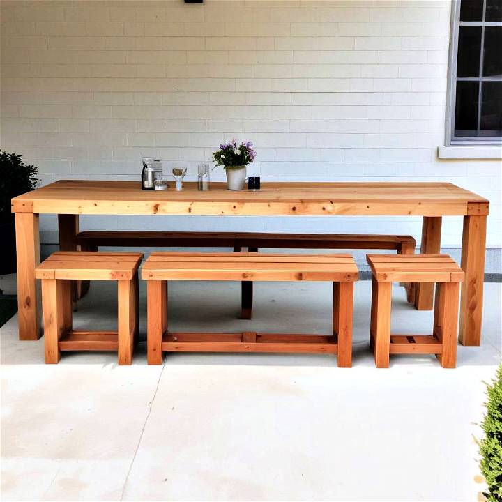homemade outdoor dining table with benches and stools