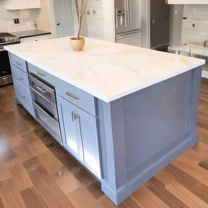 build a kitchen island with marble quartz countertop