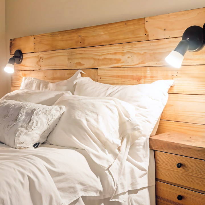 diy pallet headboard with dimmable lighting and floating shelves