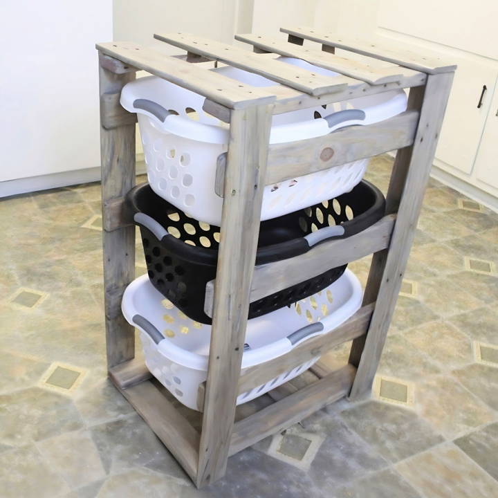 homemade pallet wood laundry basket holder