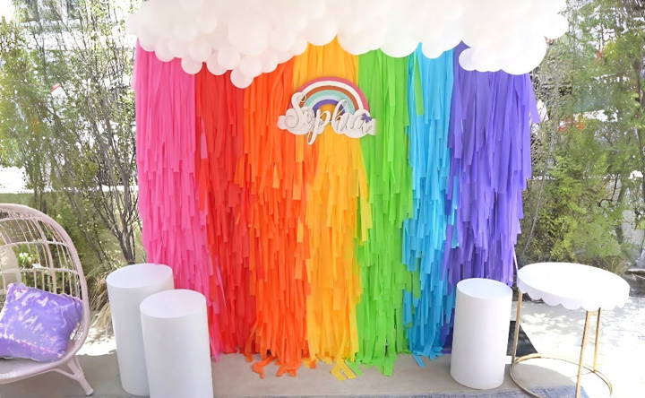 how to make a fringe backdrop with plastic tablecloths