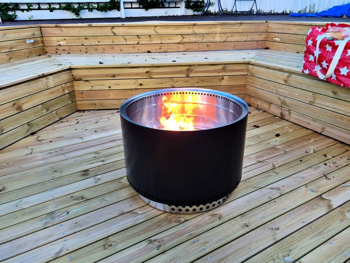 converting a pool into a fire pit with deck