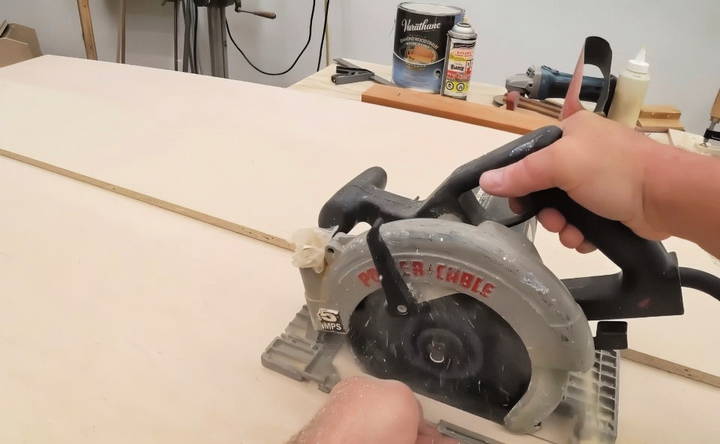 cutting the plywood for the cabinet body