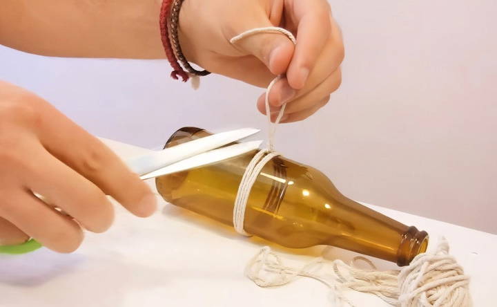 cutting glass bottles with a string and acetone