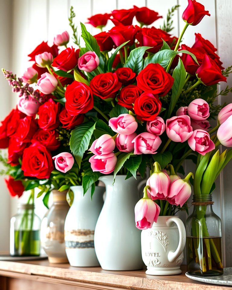Floral Arrangements with Red and Pink Blooms - 20 Valentine's Day Mantel and Fireplace Decor Ideas for a Heartfelt Focal Point