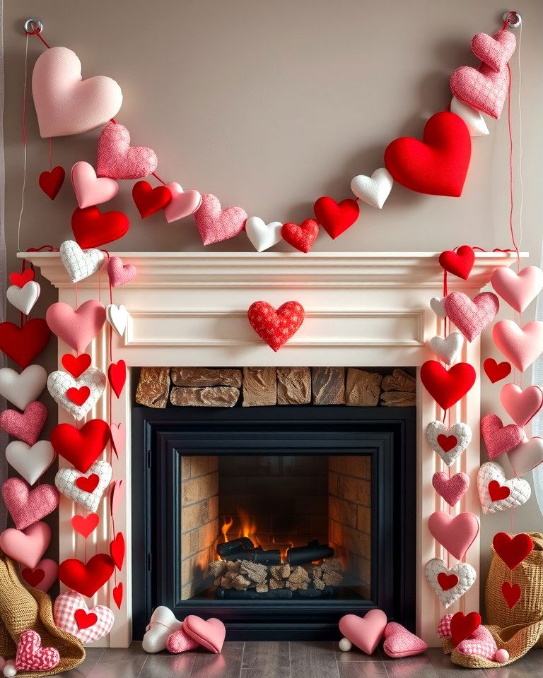 Heart Shaped Garland Accents - 20 Valentine's Day Mantel and Fireplace Decor Ideas for a Heartfelt Focal Point