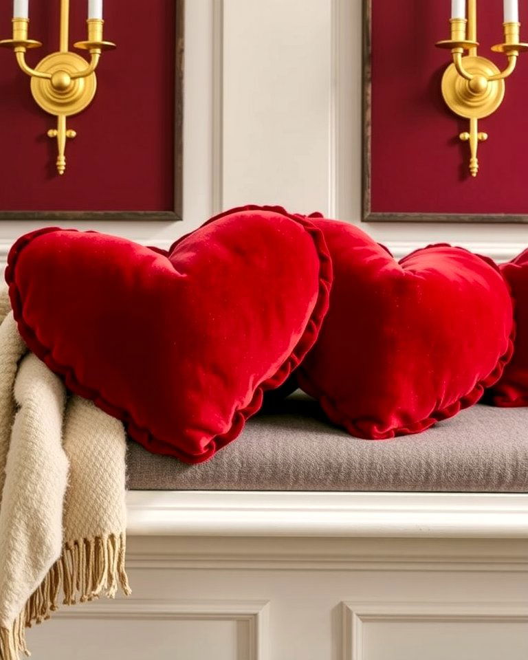 Luxurious Velvet Heart Cushions - 20 Valentine's Day Mantel and Fireplace Decor Ideas for a Heartfelt Focal Point