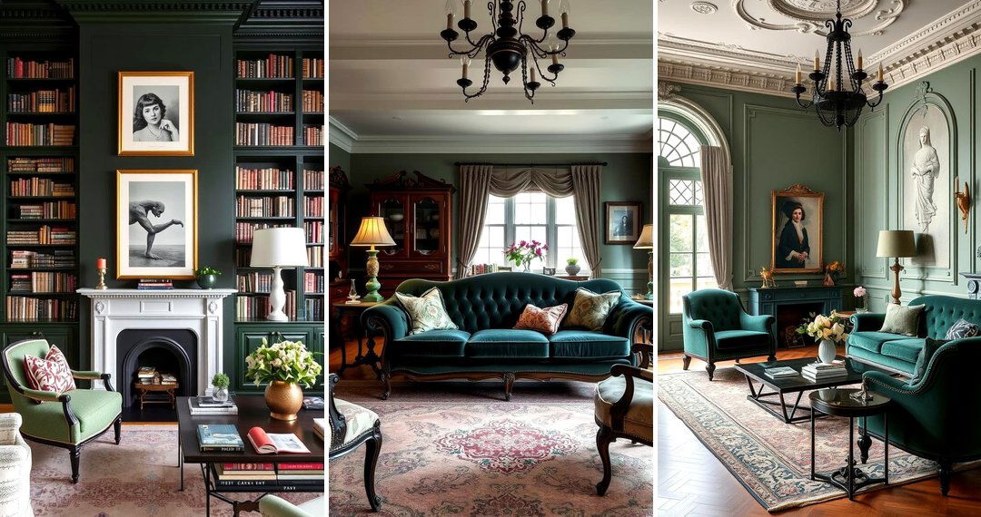 24 Dark Green Victorian Living Room Design Inspirations