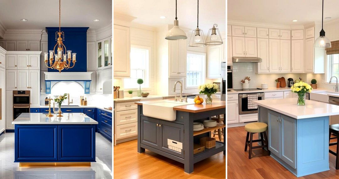 24 White Kitchen Cabinets with Blue Island Color Pop Ideas